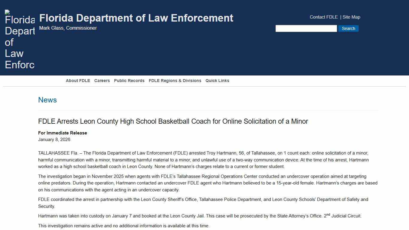 FDLE - FDLE Arrests Leon County High School Basketball Coach for Online Solicitation of a Minor
