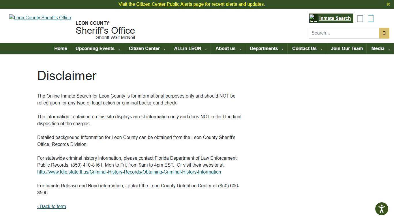 Leon County Sheriff's Office > Departments > Detention Facility > Inmate search > Disclaimer