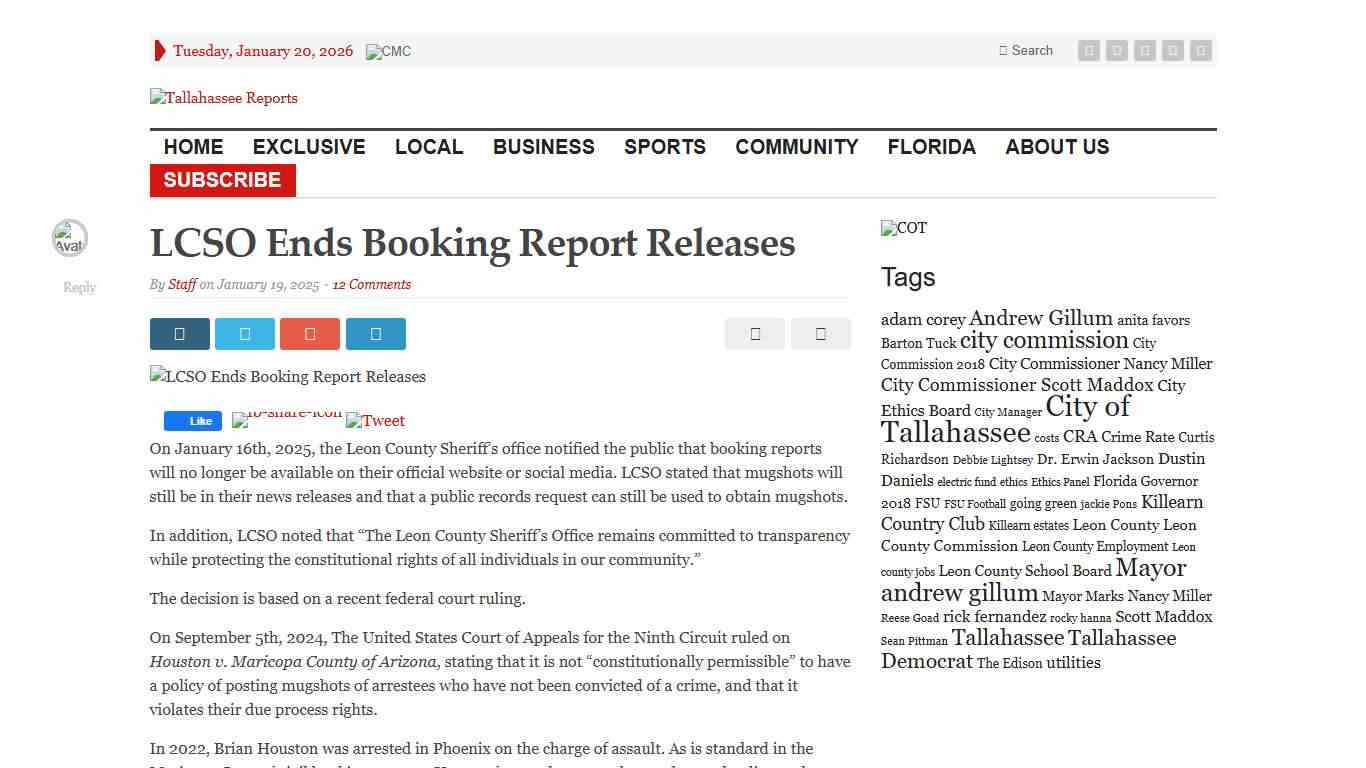 LCSO Ends Booking Report Releases – Tallahassee Reports